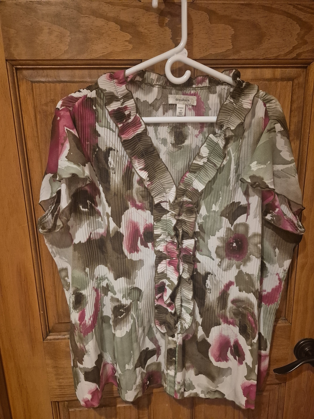 Dress Barn Floral Ruffled V-Neck Blouse in Pink & Green